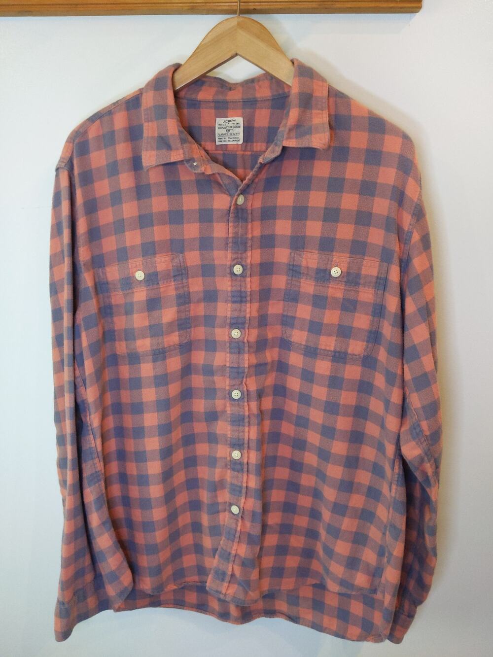 J.Crew Men's Flannel Shirt Pink Gray Gingham Plaid Slim Fit 100% Cotton XL